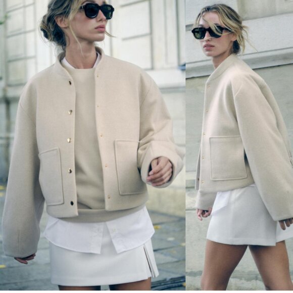 Zara Jackets & Blazers - ZARA Cropped Bomber Jacket with Patch Pockets in Sand Size L
